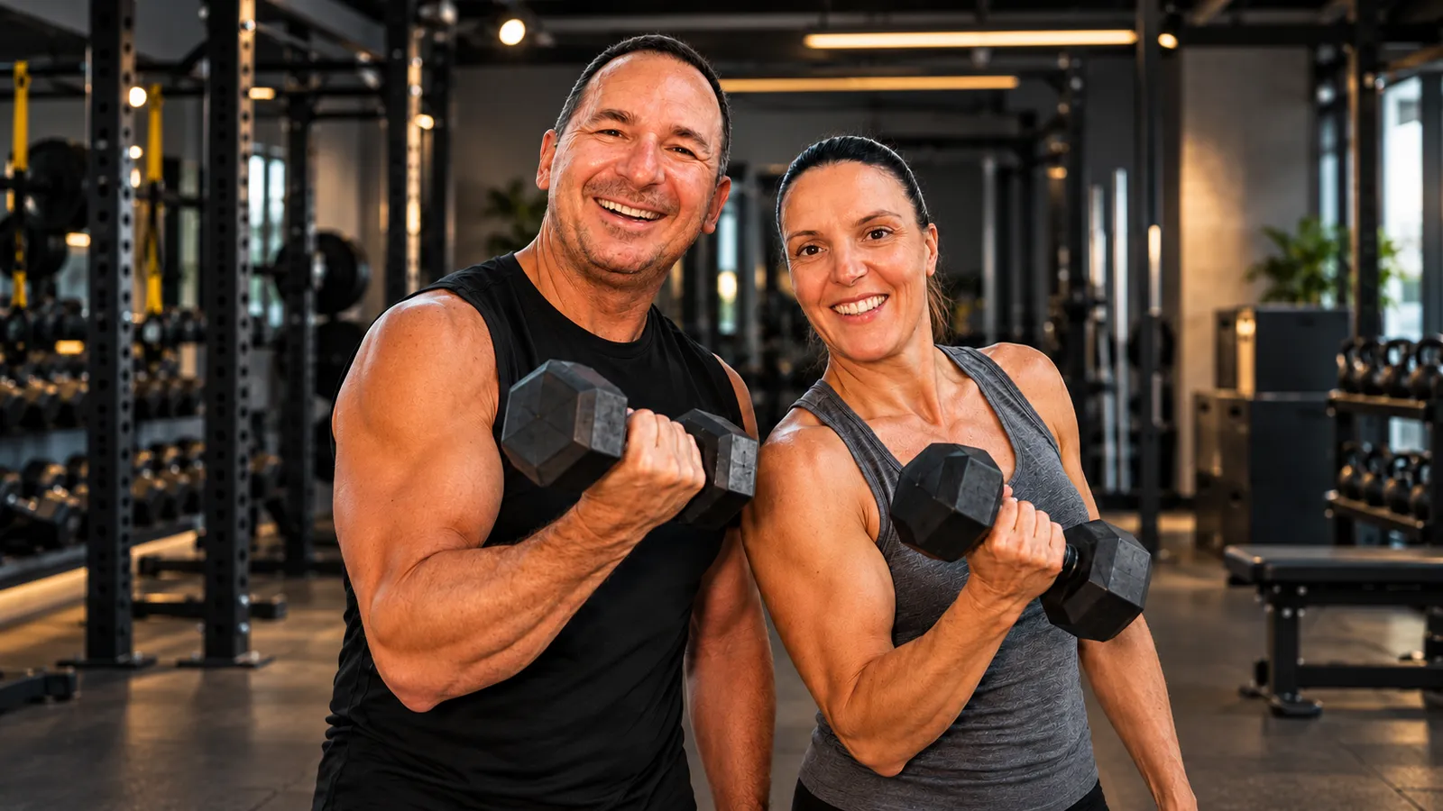 Daniel und Lisa, die Trainer:innen der Training Academy, mit Kurzhanteln im Studio