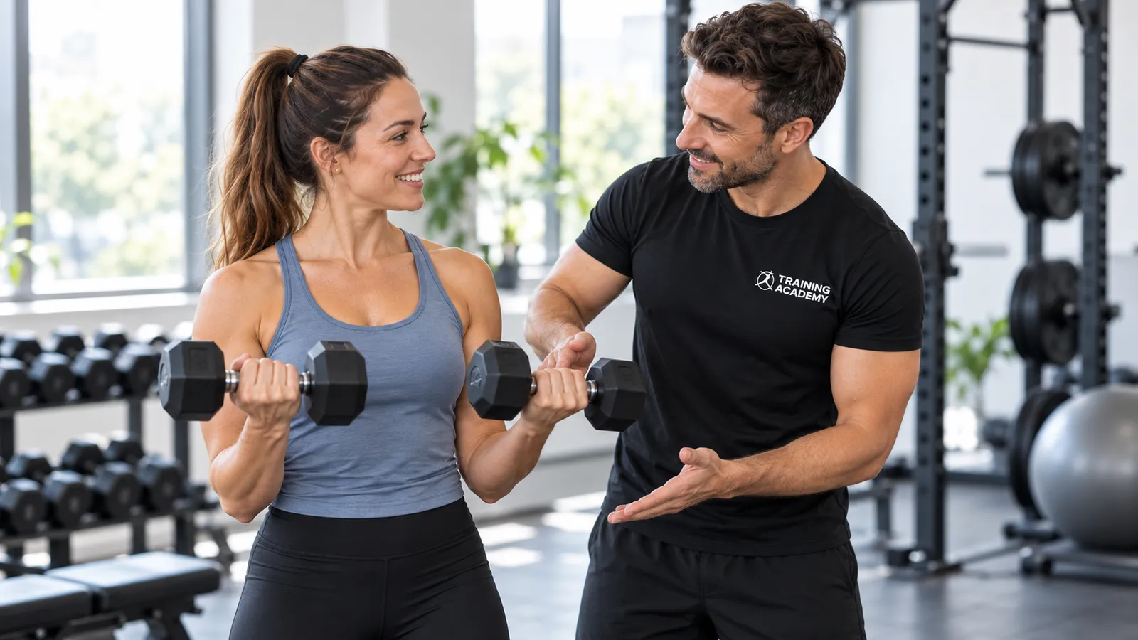 Personal Trainer begleitet eine Teilnehmerin beim Kurzhanteltraining