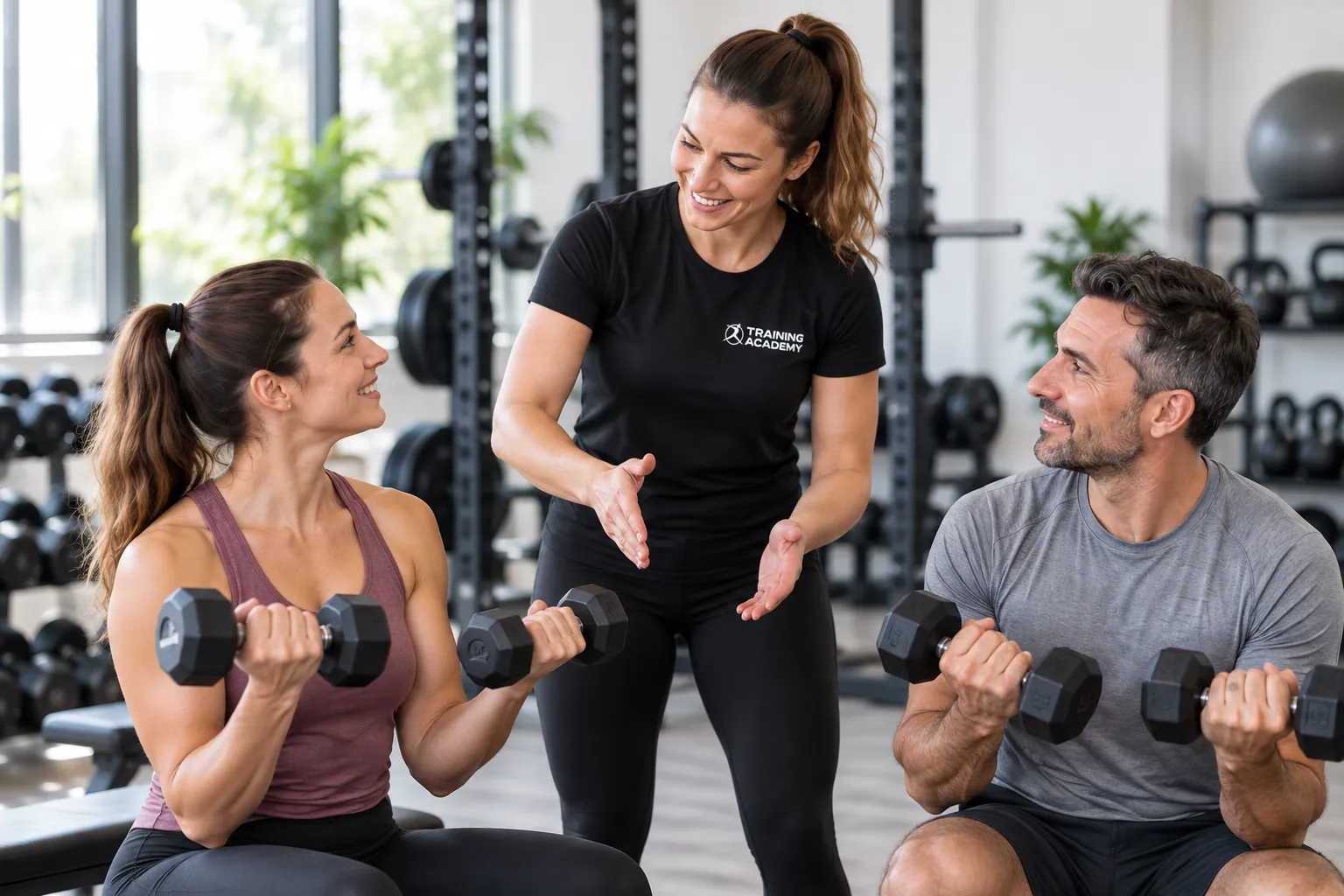 Trainerin der Training Academy erklärt zwei Teilnehmern eine Kurzhantelübung